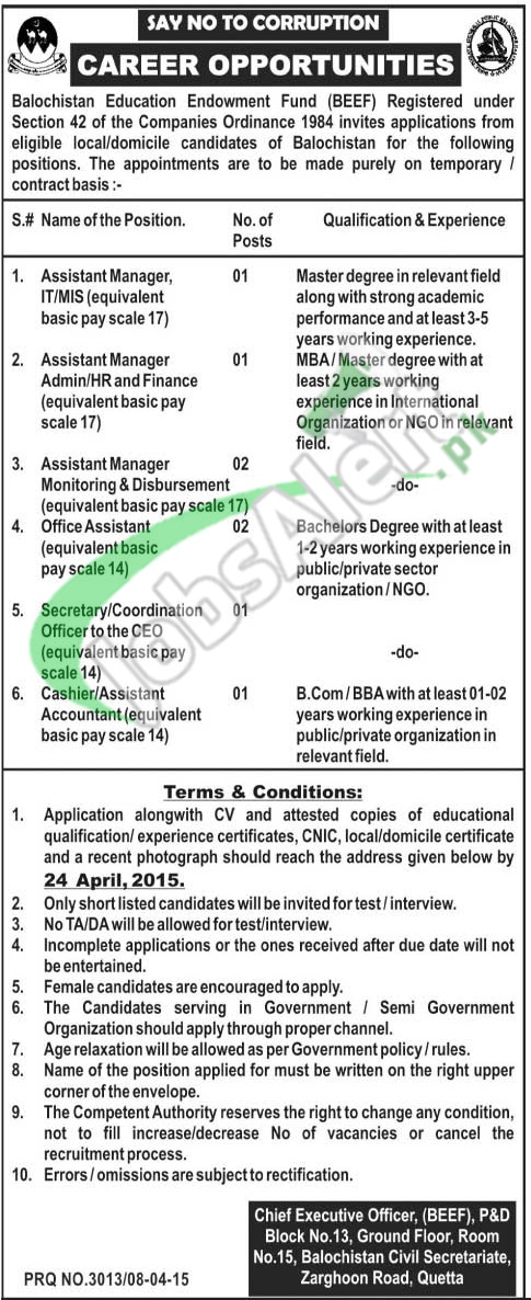 Balochistan Education Endowment Fund Jobs