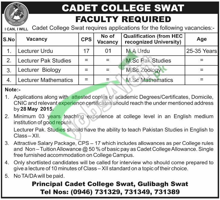 Cadet College Swat Jobs