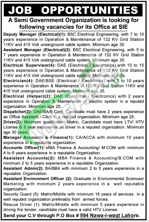 Jobs in Semi Government Organization Lahore