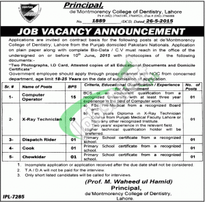 De'Montmorency College of Dentistry Lahore Jobs