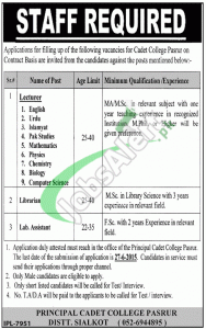 Cadet College Pasrur Jobs