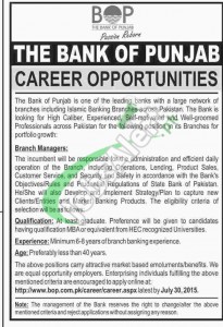 Bank of Punjab Jobs 2015