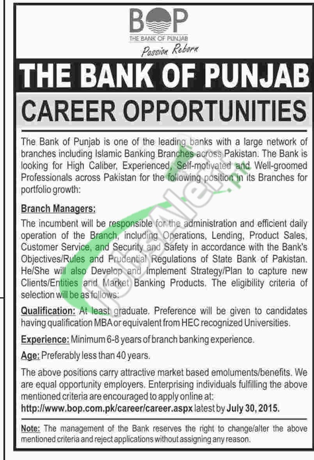 Bank of Punjab Jobs 2015