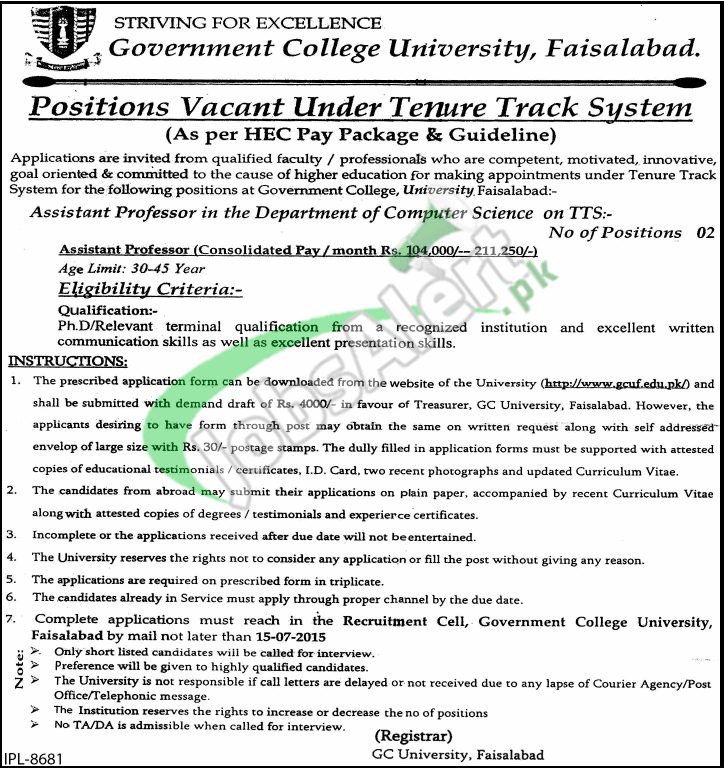 GC University Faisalabad Jobs
