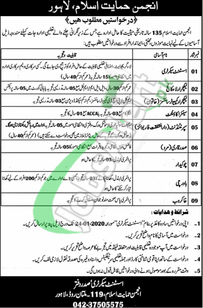 Anjuman-e-Himayat-e-Islam Lahore Jobs 2020