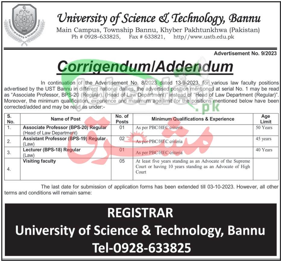 University of Science & Technology Bannu Jobs
