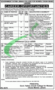 Jobs in Govt Fatima Jinnah College for Women Lahore