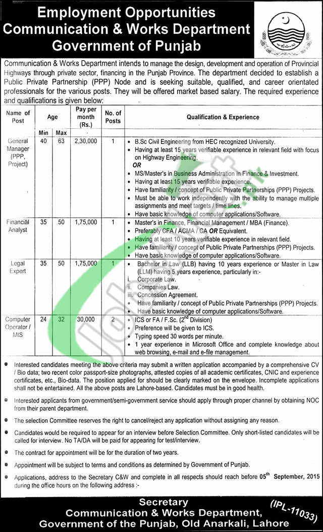 Jobs in Communication and Works Department Punjab