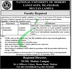 NUML Multan Campus Jobs