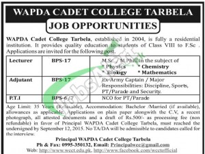 WAPDA Cadet College Tarbela Jobs