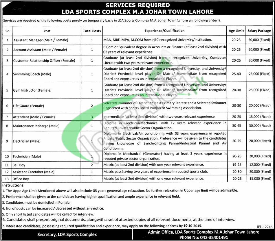LDA Sports Complex Lahore Jobs