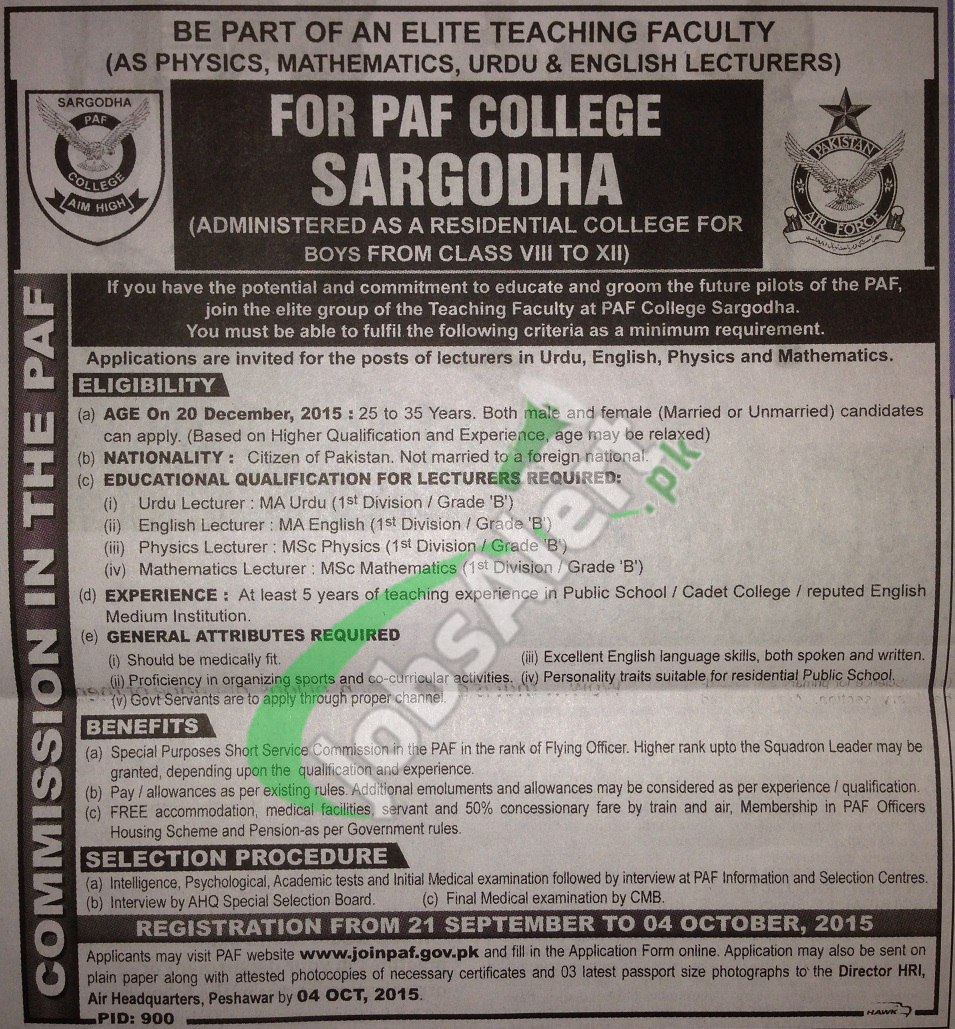 PAF College Sargodha Jobs