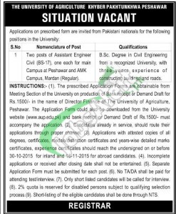 Agriculture University Peshawar Jobs