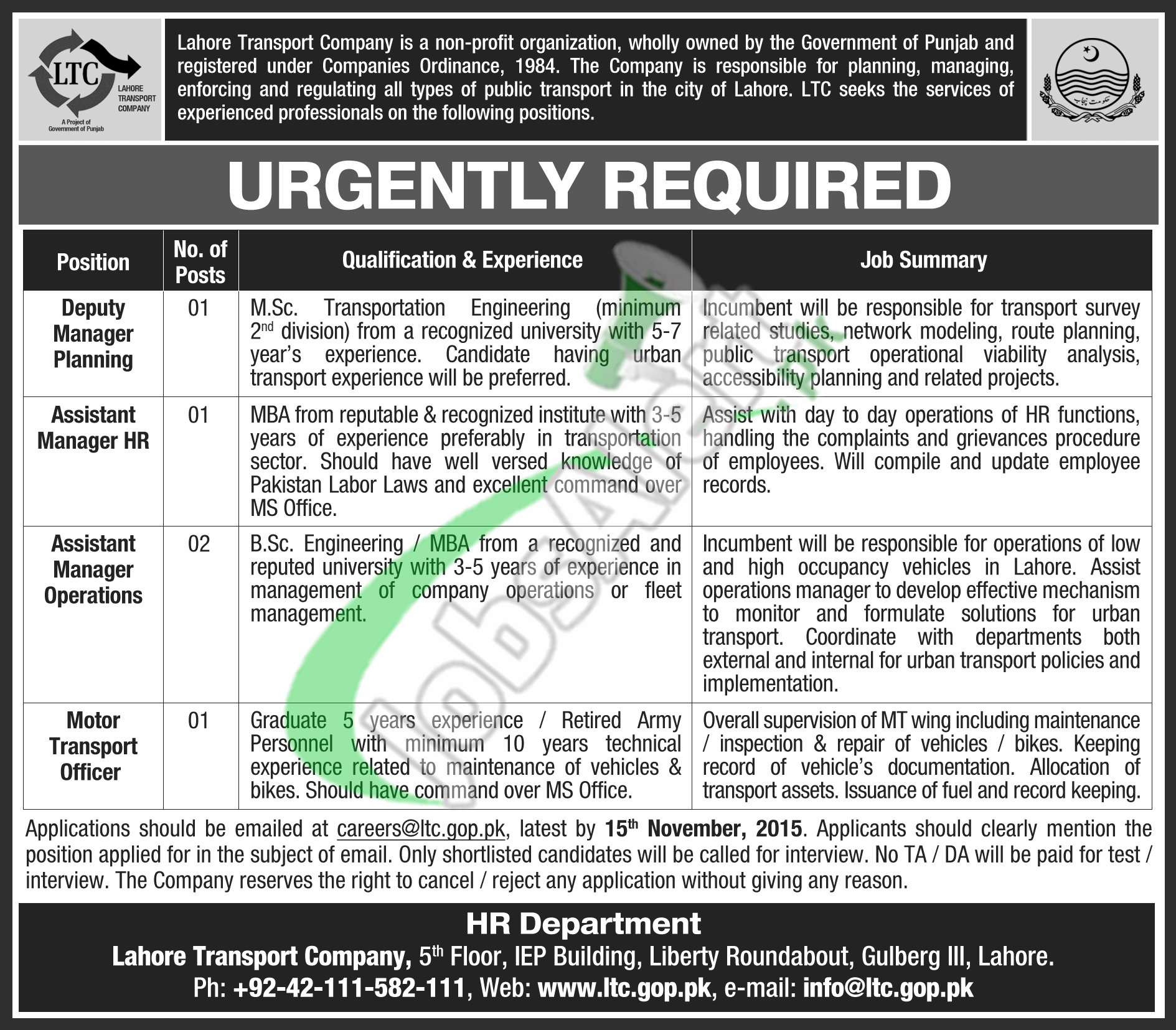 Jobs in LTC – Lahore Transport Company 2015 Employment ...