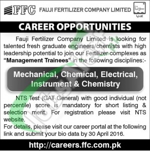 Career Opportunities in Fauji Fertilizer Company Limited 2016 in Pakistan NTS Test
