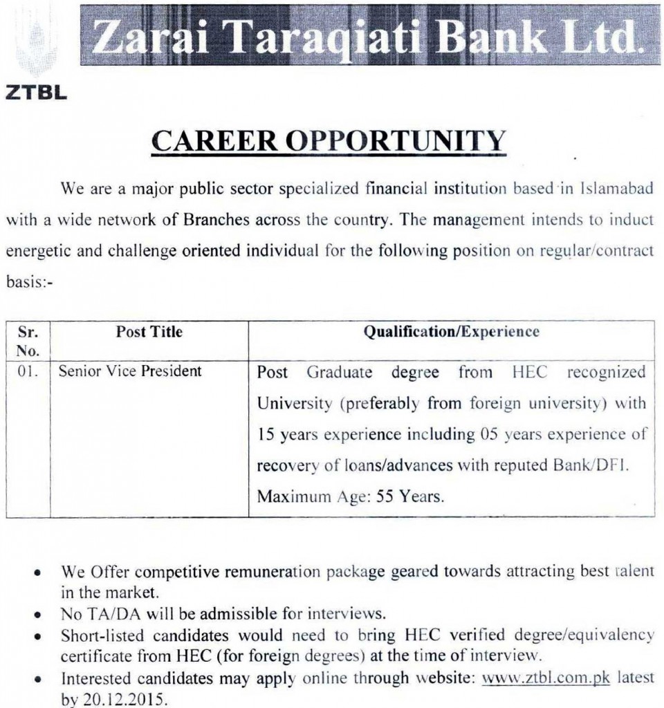  Senior Vice President Jobs In ZTBL Islamabad Pakistan 2015