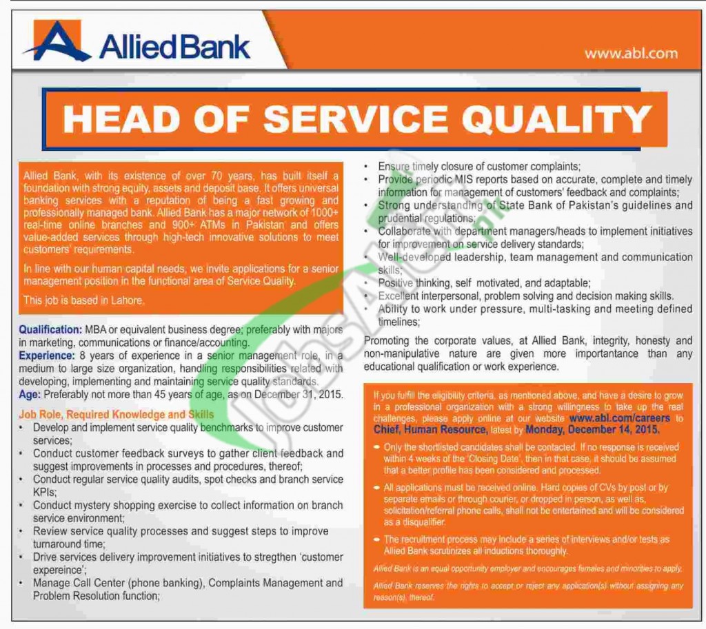 Head of Service Quality Jobs in Allied Bank Limited 2015
