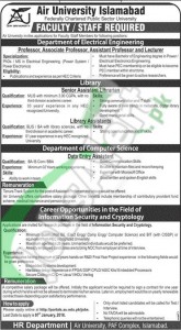 Career Opportunities in Air University Islamabad 2016 for Associate Professor and Assistant professor