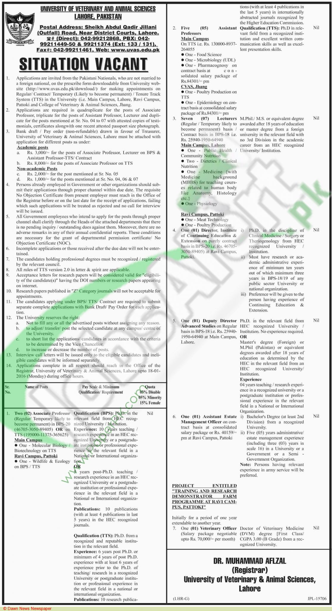 University of Veterinary and Animal Sciences Lahore Career Opportunities
