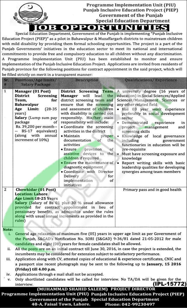 Career Opportunities in Special Educaion Department Govt of Punjab for Manager2016