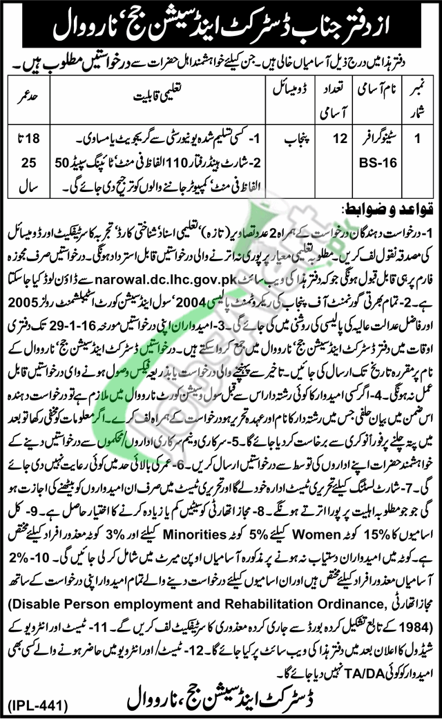 District & Session Court Narowal Jobs