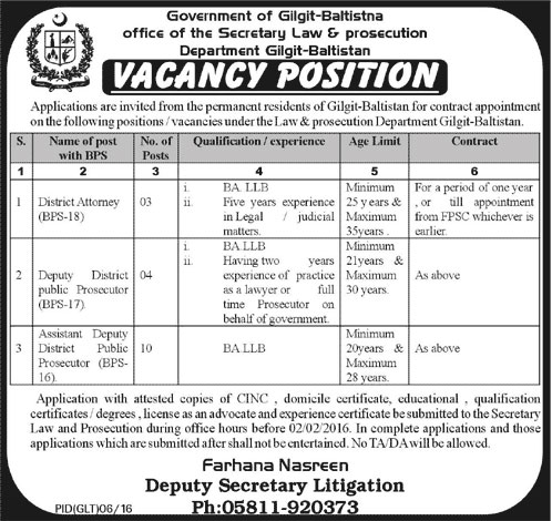 Law & Prosecution Department Gilgit Baltistan Jobs
