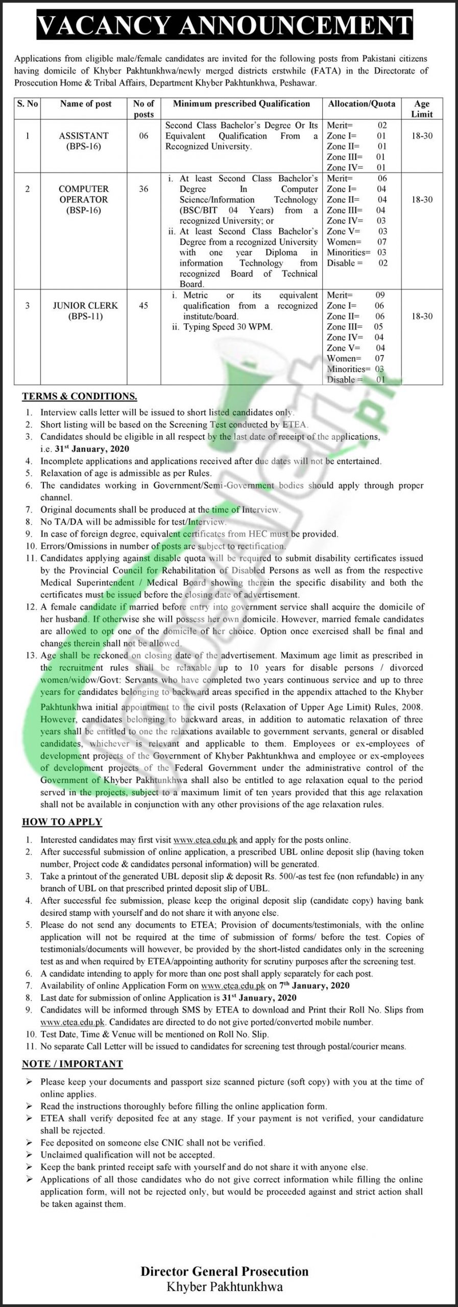 Vacancy Announcement Home & Tribal Affairs Department KPK Peshawar