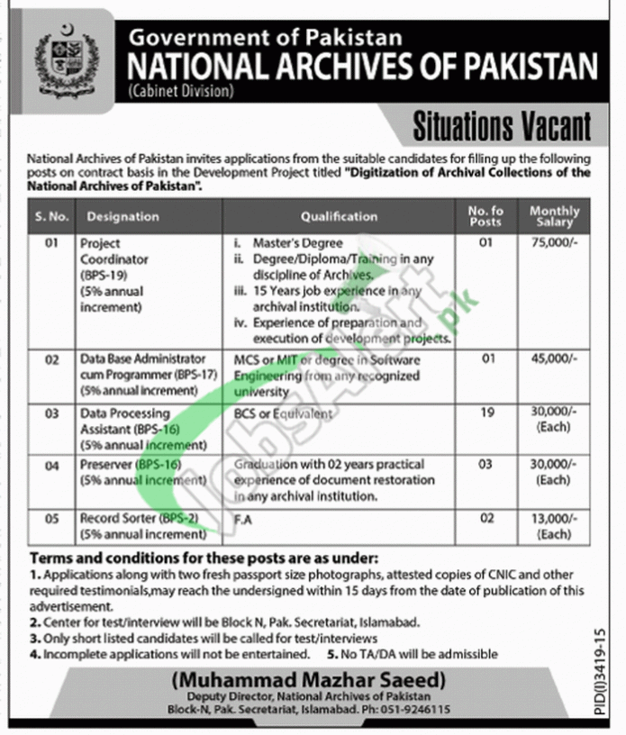 National Archives of Pakistan Cabinet Division Jobs