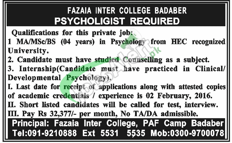 Fazaia Inter College Badaber Jobs