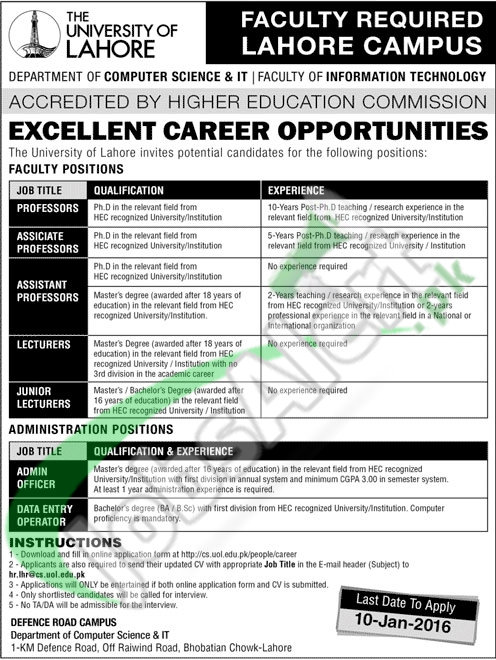 Recruitment Offers in University of Lahore 2016 Jobs for Teaching and Non- Teaching Staff
