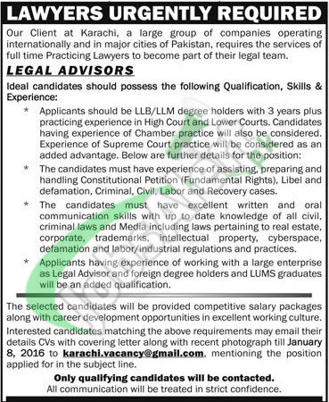 Lawyer and Legal Advisor Jobs in Karachi 2016