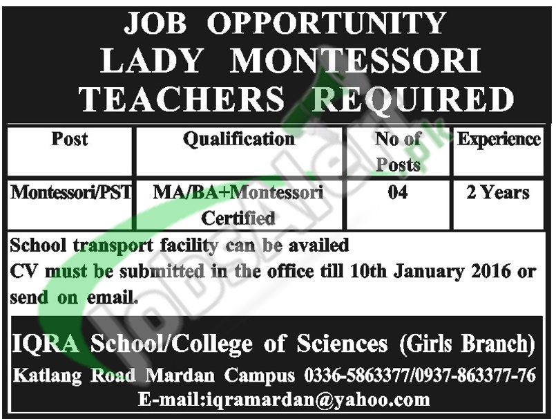 Vacancy in Iqra School and College of Sciences for Lady Montessori Teacher 2016