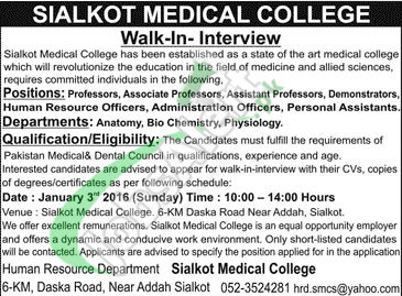 Walk in interviews for Assistanat Professor, Associate Professor in Sialkot Medical College