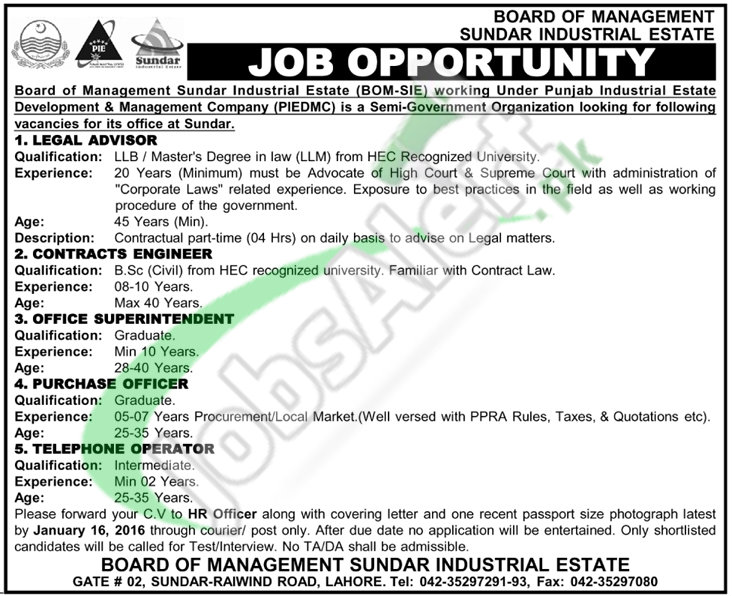 Recruitment Offers in Sundar Industrial Estate Company for Legal Advisor, Contracts Engineer, Superintendent