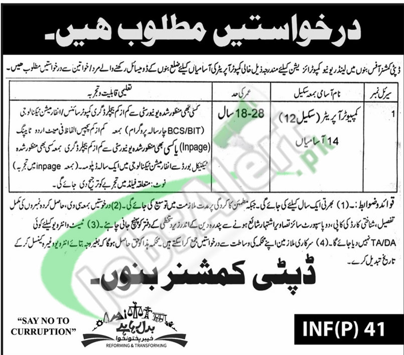 Career Opportunities in Bannu Deputy Commissioner for Computer Operator