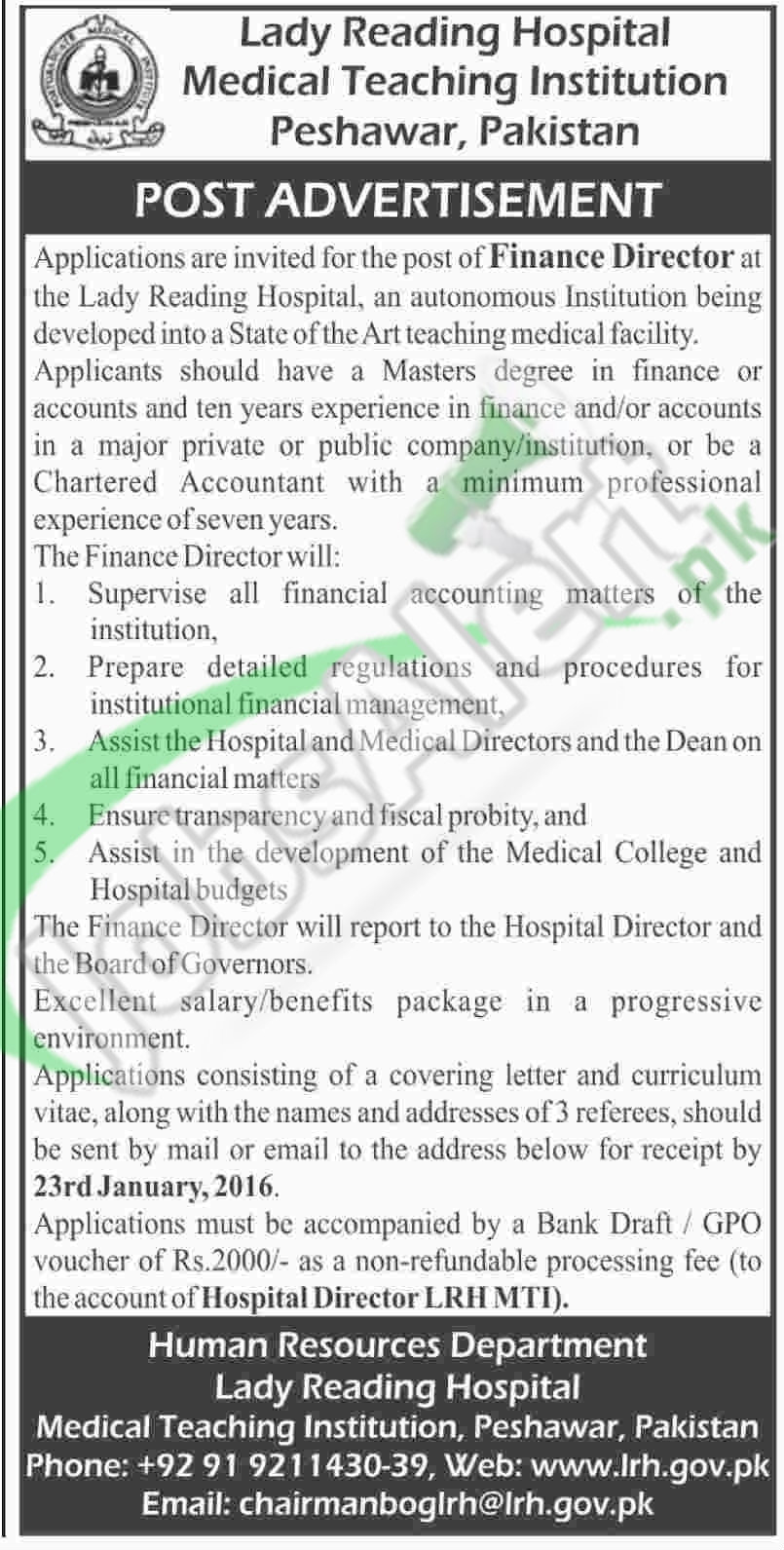 Recruitment Offer in Lady Reading Hospital for Finance Director 2016