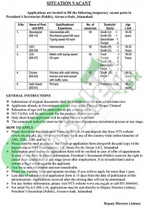 Recruitment Offers in President Secretariat Aiwan-e-Sadr for Stenotypist, Drivers, Naib Qasid 2016