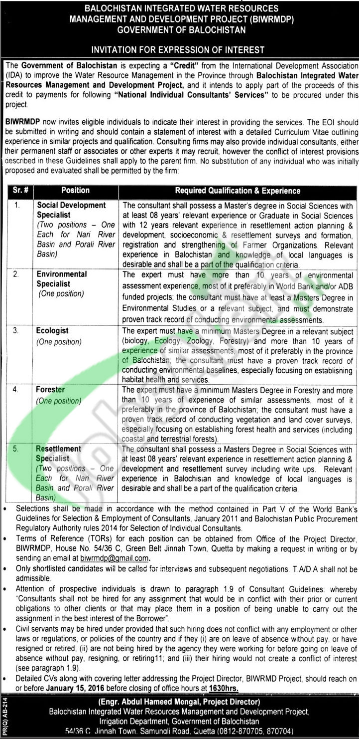 Career Opportunities in Balochistan Integrated Water Resources Management and Development Company 2016