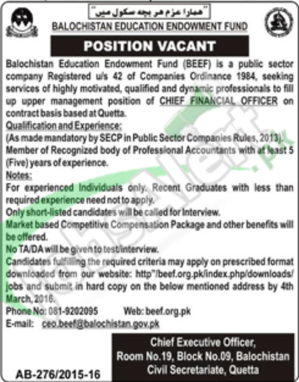 Employment Offers in Balochistan Education Endowment 20 February 2016 Quetta Application Form