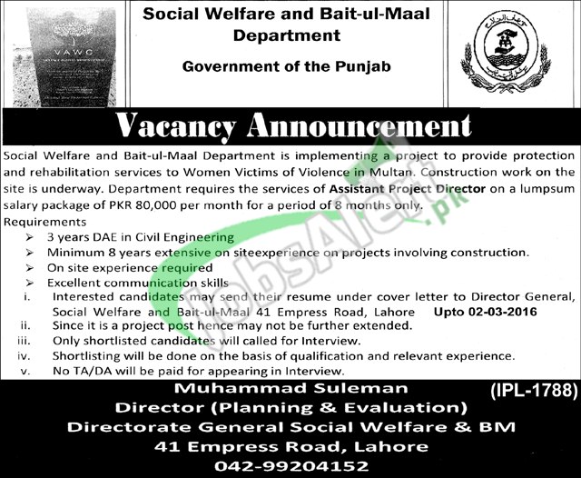 Social Welfare and Bait-Ul-Maal Punjab Jobs
