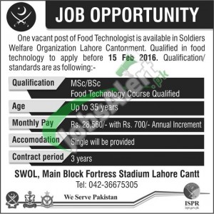 Soldiers Welfare Organization Lahore Jobs