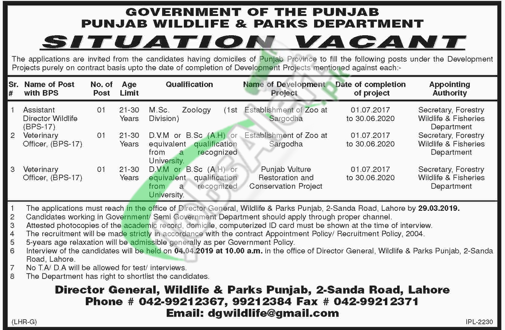 Punjab Wildlife Department Jobs 2019