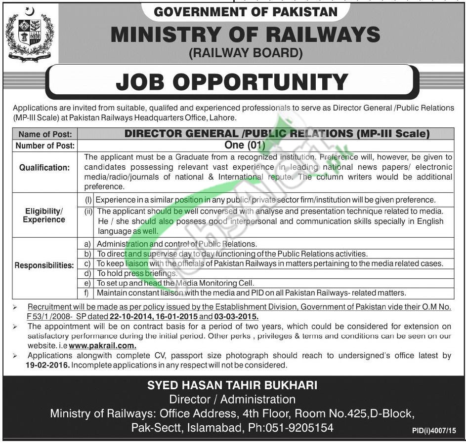 Ministry of Railways Pakistan Jobs