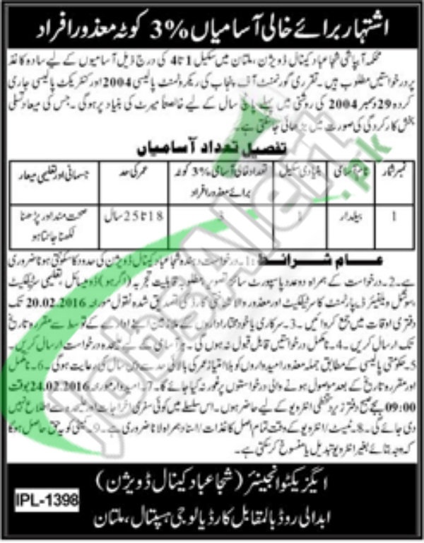 Situations Vacant in Govt of Punjab Irrigation Department for Disable Persons in Multan 09 Feb 2016