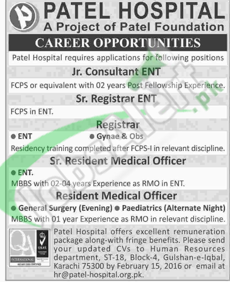 Situations Vacant in Patel Hospital Karachi Jobs 2016
