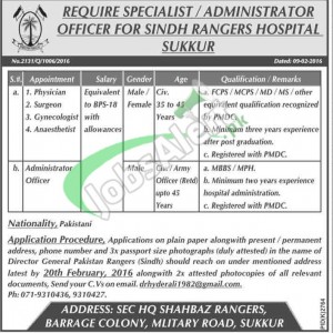 Sindh Rangers Hospital Sukkur Jobs