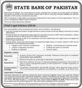 Employment Offers in SBP Karachi 28 February 2016 For Chief Legal Advisor Latest