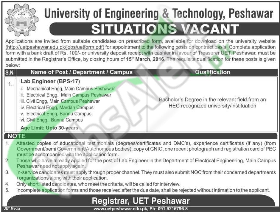 Situations Vacant in UET Peshawar 24 February 2016 for Lab Engineer Application Form