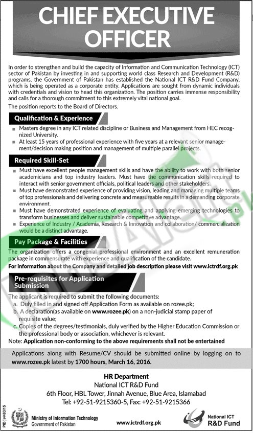 Situations Vacant for CEO 2016 in Information & Communication Technology R&D Funds Company Latest Advertisement