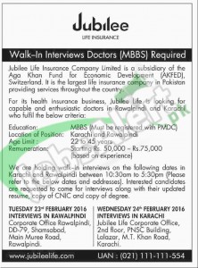 Situations Vacant in Jubilee Life Insurance February 2016 Fort Doctors in Karaci and Rawalpindi